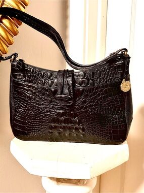 Vintage Brahmin Black Leather Crocodile Embossed Shoulder Bag